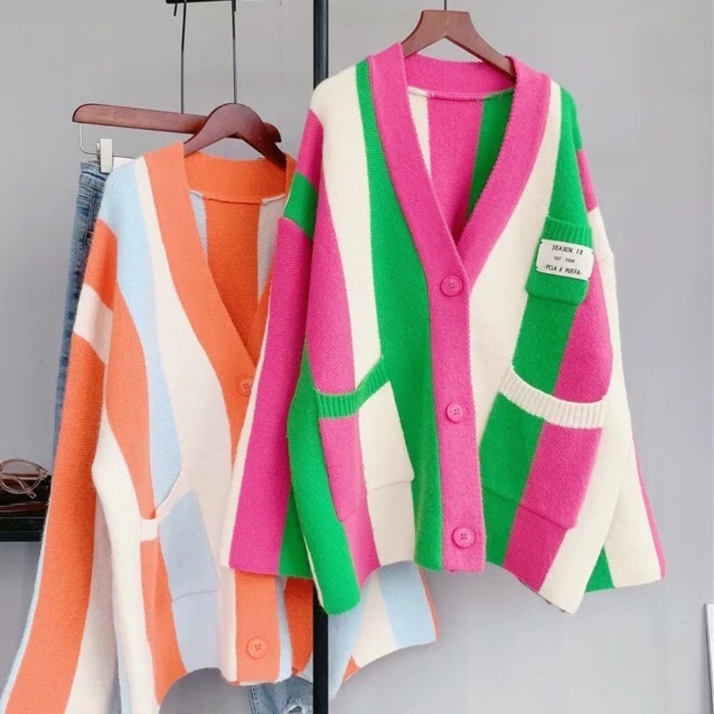 Stripe cardigan pink wide sleeve pocket sweater - Picture 11 of 13